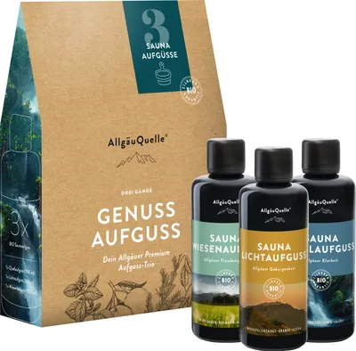Produktbild von Saunaaufguss Konzentrat Saunaduft 3 Gänge-Set mit Pfefferminze, Eukalyptus, Cajeput, Litsea Cubeba, Rosengeranie