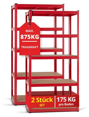 Produktbild von Metallregal Lagerregal Steckregal - 5 Böden - 175 kg pro Boden - 180 x 90 x 40 cm - Rot