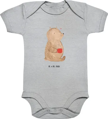 Produktbild von Mr. & Mrs. Panda Einteiler Bär Kaffee 12. - 18. Monat - Heather Grey - Geschenk, body baumwolle, Guten Morgen, Strampler, overall baby, Coffee, babykleidung, Motivation