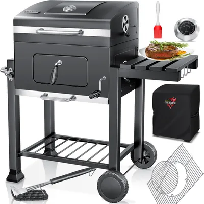 A charcoal grill with accessories displayed around it.