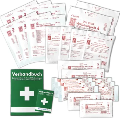 Produktbild von Austauschset Sterilteile für Verbandkästen und Erste-Hilfe-Koffer DIN/EN 13169 für Betriebe inkl. steriler Pinzette und Verbandbuch