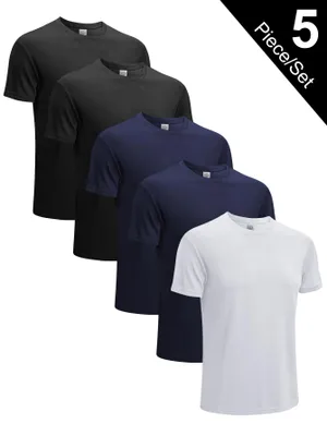 Produktbild von 5er Pack Sportshirt Herren, Laufshirt Kurzarm Mesh Funktionsshirt Atmungsaktiv Schnelltrocknend Sports Gym Shirt -2 schwarze+ 2 blaue+ 1 weiße-M