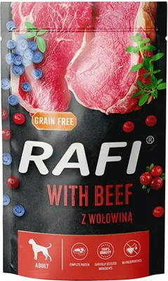 A close-up of a dog food bag with images of raw beef and berries.