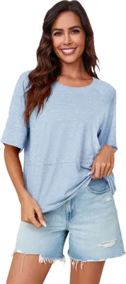 Produktbild von Damen-T-Shirt mit Fledermausärmeln, Rundhalsausschnitt, lockerer Passform, blau,Größe L