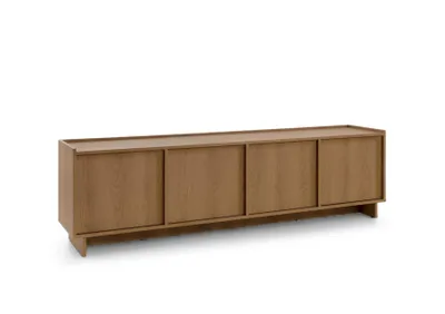 Image de Meuble TV bas BETTSO SUNA, style Japandi, en chêne caramel, sans poignées, XL, pour salon, 4 compartiments, 195 x 55 x 39 cm, compatible avec les robots aspirateurs