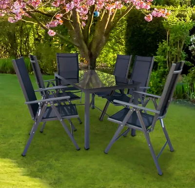Produktbild von VCM 7 tlg. Set Gartenmöbel Alu Glas Gartenset Sitzgruppe Essgruppe Tisch Stühle 140 SW Anthrazit