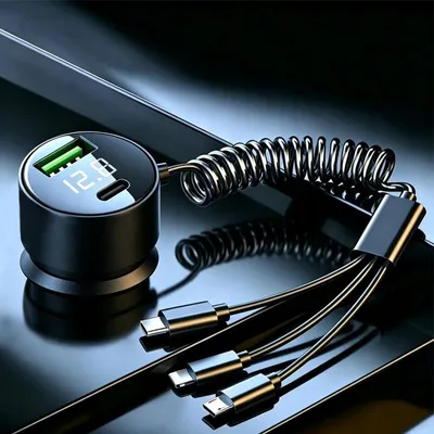 Produktbild von Auto-Ladegerät 12–24 V, 3-in-1-Kabel, USB-A & USB-C, bis 100 W, Spannungsanzeige, für Auto, SUV und Lkw