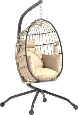 Produktbild von Hängender Outdoor-Schaukelstuhl mit faltbarem Korbsitz und dicken Kissen, Ständer, Kopfstütze, Becherhalter, Khaki