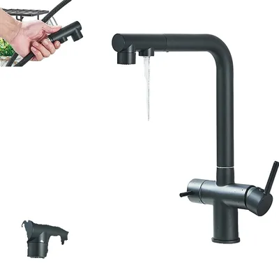 Obrázek produktu pro Kuchyňská vodovodní baterie s filtrovanou vodou, dvojitá rukojeť, otáčení o 360°, výsuvná tryska, matně černá