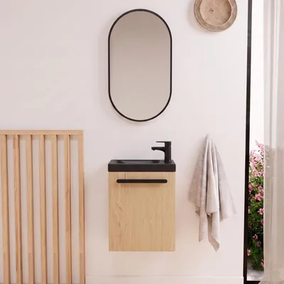 Immagine prodotto di Set lavabo sospeso Nevada con rubinetto nero e specchio ovale