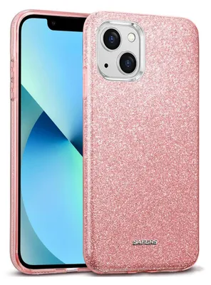 A pink glitter iPhone 13 case is shown with the phone inside.