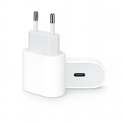 A white USB-C power adapter with European plug prongs and a USB-C port.