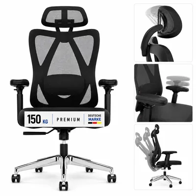 Produktbild von ONBEST Bürostuhl Premium Monaco | Ergonomisch | 150 kg Belastbarkeit | Mesh-Rücken | Schwarz | 360° Universalrollen