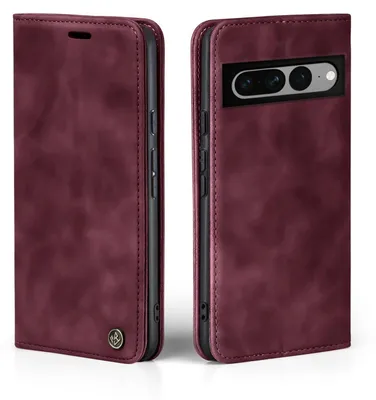 A burgundy flip case for a Google Pixel 7 Pro phone, shown from two angles.