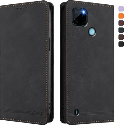 Image de Etui pour Realme C21Y, étui rétro en cuirPolyuréthaneavec support et fentes pour cartes de crédit Noir