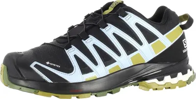 A side view of a black Salomon XA Pro 3D V8 GTX trail running shoe with light blue and olive green accents.