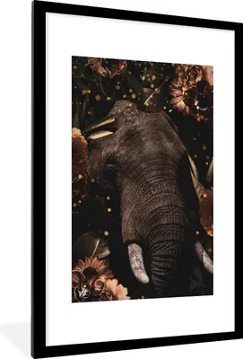 Produktbild von MuchoWow® MuchoWow® Gerahmtes Poster Elefant - Blumen - Gold 60x90 cm - Poster mit zchwarzem Bilderrahmen - Dekoration - Wandposter Wohnzimmer - Hochwertig