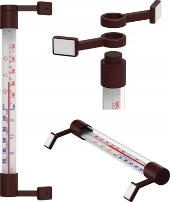 Multiple views of a brown thermometer with a white label.