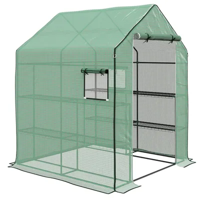 Produktbild von Gartengewächshaus mit 1 Tür, 1 Fenster, 3 Regalböden für Gemüse, Pflanzen und Blumen, PE-Abdeckung, 140 x 143 x 190 cm