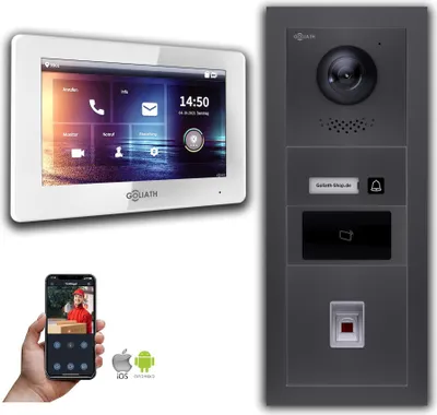 Produktbild von Türsprechanlage mit Kamera Goliath IP 2-Draht Fingerprint RFID Anthrazit : 7 Zoll in Weiß : Unterputzdose Monitor Auswahl: 7 Zoll in Weiß Türklingel Montagedose: Unterputzdose