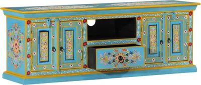 Image de vidaXL Armoire TV bleue 110x30x40 cm bois massif mangue