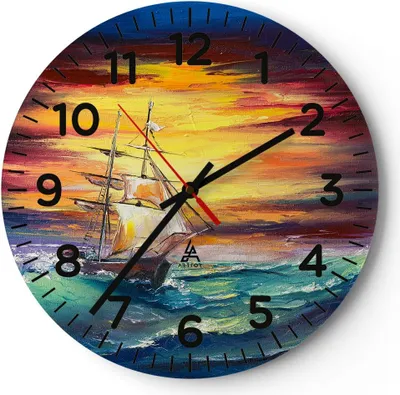 Produktbild von Wanduhr - Rund - Glasuhr - Meer Welle Boot - 40x40cm - Schleichendes Uhrwerk - Lautlos - zum Aufhängen bereit - Dekoration Modern - Wanddekoration aus Glas - C4AR40x40-3460