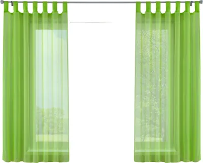 Two green sheer curtains hanging on a curtain rod, with a view of trees through the curtains.