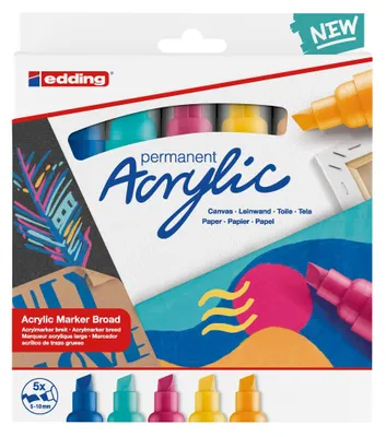 Produktbild von Edding 5000 Acrylmarker Breit, Blau, Orange, Violett, Türkis, Gelb, Meißel, Blau, Orange, Violett, Türkis, Gelb, Extradick, 5 mm, 1 cm