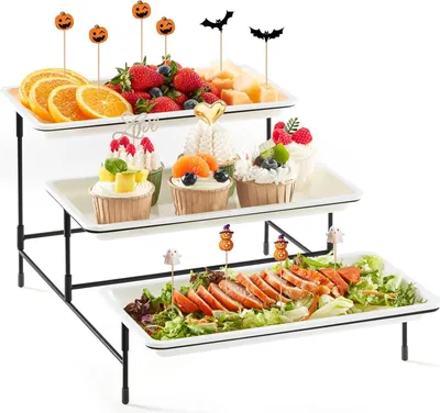 Immagine prodotto di vassoio di plastica riutilizzabile a 3 strati - Forniture per feste - Cibo da servire - Supporto in metallo nero - Verdure Frutta Biscotti Dessert