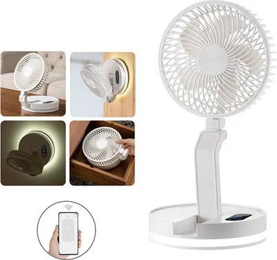 Image de Ventilateur de table pliable Rechargeable Batterie Ventilateur Possibilité de montage mural Ventilateurs de table avec télécommande 3 vitesses Lumière réglable Panneau tactile Réglable à 180°en haut en bas à gauche et à droite
