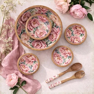 Productafbeelding van Grote saladeschaal, 4 houten schaaltjes en bestek met rozenmotief