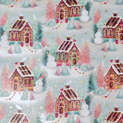 Produktbild von Geschenkpapier Lebkuchenhaus & Schneemann 70cm x 2m Rolle Türkis