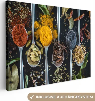 Produktbild von MuchoWow® - Leinwandbilder - Gewürze - Löffel - Schwarz - Küche, Wandbild, Wanddeko Bilder Wohnzimmer, 40x30 cm