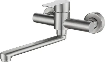 Produktbild von 1 Stück wandmontierte Küchenarmatur aus robustem Edelstahl 304 mit 360°-Schwenkfunktion, ideal für Doppelspülen in Küche oder Bad. Das gebürstete Oberflächenfinish verleiht ein modernes, zeitloses Erscheinungsbild, während die flexible Ausziehposition und der integrierte Luftsprudler für spritzfreies, geräuscharmes und wassersparendes Arbeiten sorgen. Dank verstellbarer Befestigungslöcher passt sie sich unterschiedlichen Wandabständen an. Komplett mit Montageset und deutscher Anleitung – sofort einsatzberei