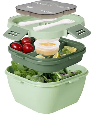 Productafbeelding van Saladcontainer met compartimenten, 1700 ml, donkergroen. Lekdichte lunchbox met bestek