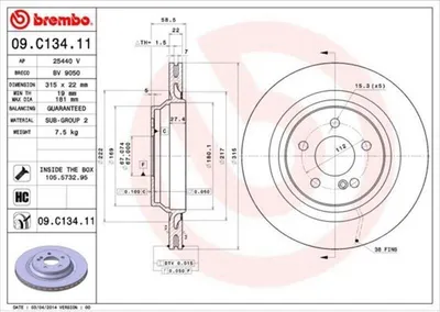 Produktbild von 2x BREMBO Bremsscheibe 09.C134.11 59mm 315mm