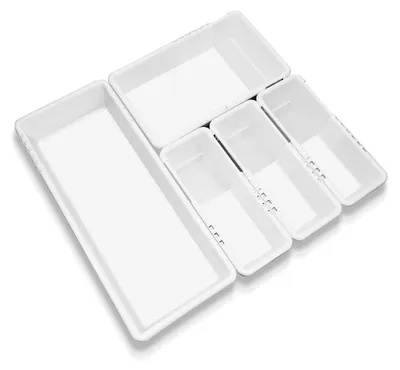 Produktbild von 5-teiliges Schubladen-Organizer-Set mit 3 Größen, Make-up-Organizer, Schubladeneinsätzen aus Kunststoff, Schubladen-Organisationssystem für Kosmetik, Schmuck, Make-up und Badezimmerartikel.