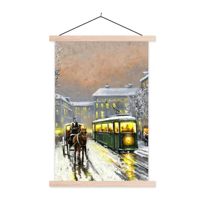 Produktbild von MuchoWow® Textilposter Gemälde - Ölgemälde - Winter - Straßenbahn - Pferd 120x180 cm mit holzfarbenen Rahmen - Textil-Plakat