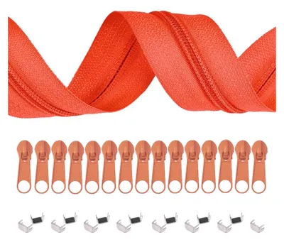 6m Endlos-Reißverschluss 5mm mit 15 Zippern und 15 Endstücke orange