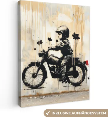 Obrázek produktu pro Nástěnná dekorace 60x80 cm - Banksy - street art - motorka - chlapec, nástěnné umění, dekorace obývacího pokoje