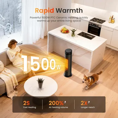 Obrázek produktu pro Topný ventilátor, úsporný, 2000 W, keramický topný ventilátor s PTC technologií, tichý, 60 cm, elektrické topení s termostatem a dálkovým ovládáním