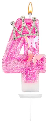 Geburtstags-Zahlenkerze 7,3 cm, rosa Glitzer, Nummer 4