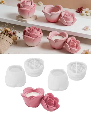 Produktbild von KONFEN 2 Stück Blumen Kerzenhalter Silikonformen Set, Rose Gießformen Kerzenformen Mit Deckel Rosen Silikonform Schale Gießform Frühling Sommer Deko Für Seife Kerzen DIY Dekoration Heimdekoration