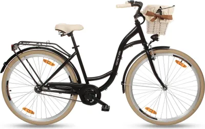 Produktbild von Goetze Style 28 Zoll City Bike, 46 cm Tiefeinsteiger, 1-Gang mit Rücktrittbremse hinten & V-Bremse vorne, LED-Beleuchtung, Rattankorb mit Bezug