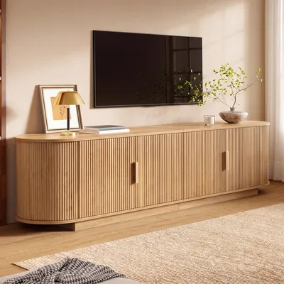Produktbild von STILVORA TV-Schrank mit Wellenstruktur aus Spanplatte und MDF-Korpus, Lowboard mit Metallgriffen, Fernsehtisch mit 4 Türen und großem Stauraum