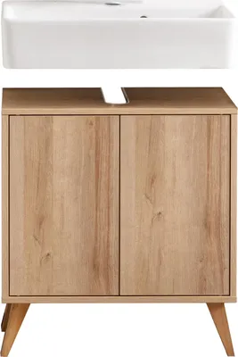 Produktbild von FACKELMANN FINN Badmöbel Set 3 Teile / Waschbecken / Waschbeckenunterschrank / 4 Holzfüße / Badschrank mit Push-to-Open / Korpus & Front: Braun hell / Rahmendekor & Füße: Braun hell / Breite: 60 cm