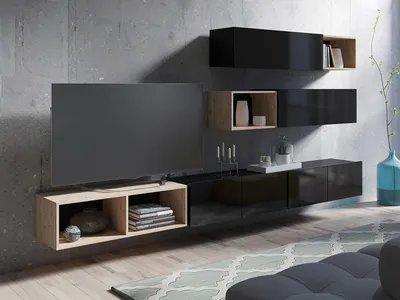 Produktbild von Wohnwand CALABRINI-25 Wohnzimmer-Set Hängewohnwand Schrankwand Schrank TV-Schrank Moderne Anbauwand Hochglanz (Schwarz / Artisan Eiche)