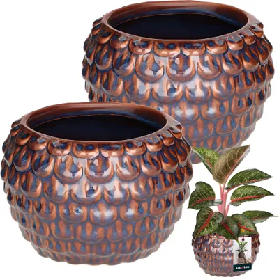 Zdjęcie produktu dla KOTARBAU® Zestaw 2 ceramicznych doniczek w stylu vintage z motywem rybiej łuski ⌀ 17 cm wysokość 13 cm Doniczka ceramiczna na kwiaty niebiesko-brązowa doniczka ceramiczna na orchidee