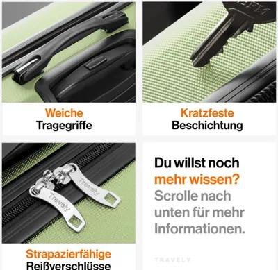 Produktbild von Travely Premium Handgepäck Koffer 45x36x20cm - passend für Ryanair, Lufthansa, Eurowings und co. I 32L Trolley Handgepäck mit sanften Rollen und praktischem TSA Schloss, Reisekoffer, Grün