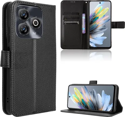 A black flip wallet phone case for a ZTE Blade A75 4G is shown in multiple views.